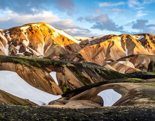 Colorful mountains bathed in golden sunlight