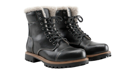 Pair of black leather winter boots with fur lining isolated on transparent background