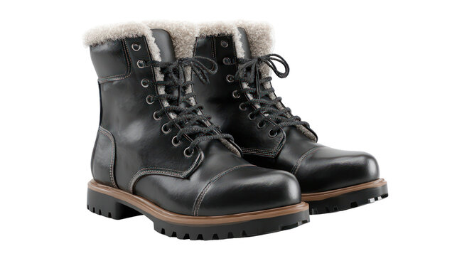 Pair of black leather winter boots with fur lining isolated on transparent background