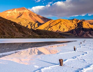Colorful mountains reflect in a calm lake