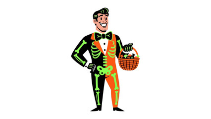 Half-Skeletal Gentleman with Basket of Treats: A jovial gentleman, split in half to reveal a glowing skeletal design, carries a basket filled with treats, evoking the festive spirit of Halloween. 