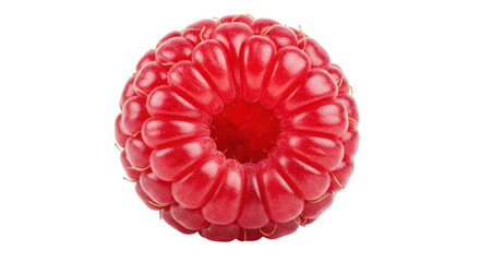 Fresh red raspberry isolated on transparent background, single ripe berry close-up for healthy...