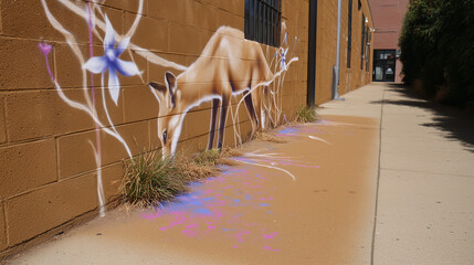 Vibrant alley street art: Fox mural, eco-pigments, repurposed bottle planters.