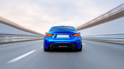 Obraz premium Blue sports car driving fast on highway with motion blur and dynamic perspective