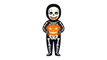 Spooky Halloween Skeleton: A young child in a full skeleton costume, holding a glowing carved pumpkin, ready for Halloween night. The illustration captures the fun and thrill of the holiday. 
