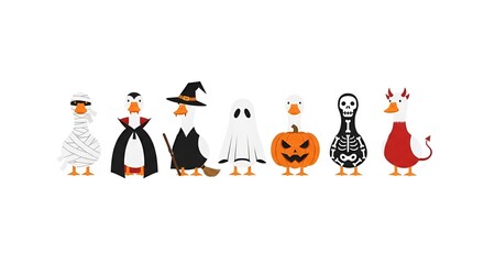Cartoon ducks in halloween costumes including mummy vampire witch ghost pumpkin skeleton and devil