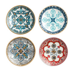 Fototapeta premium Decorative ceramic plates with intricate designs displayed in a neat arrangement for artistic appeal