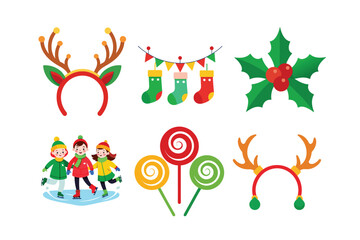 Fototapeta premium Festive Christmas Icons Including Reindeer Antlers, Stockings, Holly, and Ice Skaters holiday