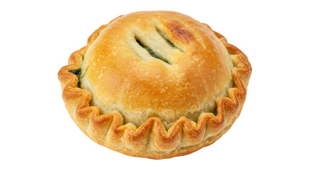Golden spinach pie isolated on transparent background, savory pastry with flaky crust and vegetable filling for food photography