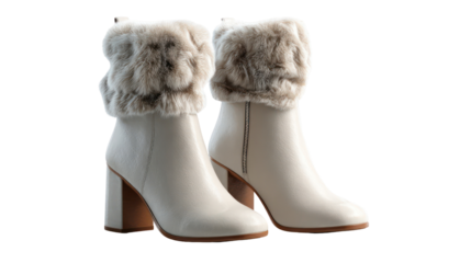 Pair of white fur trimmed boots isolated on transparent background