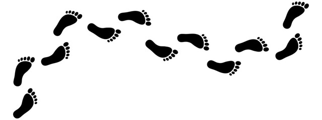 Minimalist trail of human footprints. Silhouettes of bare feet form a winding path of footsteps, symbolizing a walk, a journey, or a path to follow