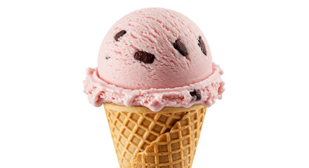 Delicious pink chocolate chip ice cream in a cone isolated, sweet dessert for summer treat and refreshment PNG