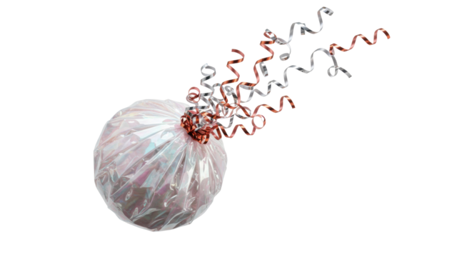 Iridescent wrapped gift with silver and copper ribbons isolated on transparent background, festive present for celebration and special occasions