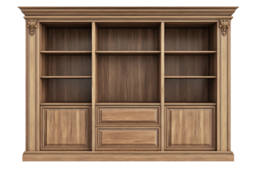 Antique wooden bookshelf with multiple shelves and drawers isolated on transparent background. Wooden wardrobe with shelves isolated on white background.