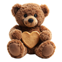 Obraz premium A fluffy brown teddy bear holding a heart-shaped cookie on a black background plush isolated on a transparent background