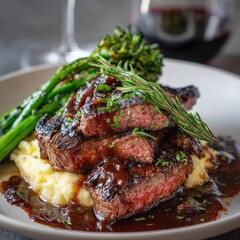 Succulent Steak with Mashed Potatoes and Asparagus in Fine Dining Setting