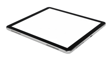 A sleek, modern black tablet with a pristine blank white screen, silver metallic edges, and speaker grilles on a transparent background with soft shadows, concept for digital device mockup.