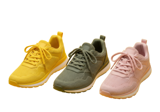 Three modern yellow, olive green, pink athletic sneakers with textured mesh, laces, neatly lined on a vibrant yellow background with copy space. Concept for athletic footwear product display