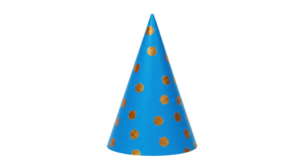 Blue party hat with gold polka dots isolated PNG, festive celebration headwear for birthday or New Year s Eve party on transparent background