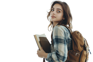 Young woman with backpack and book isolated on transparent background. Young beautiful college student with backpack and holding a book isolated white background.