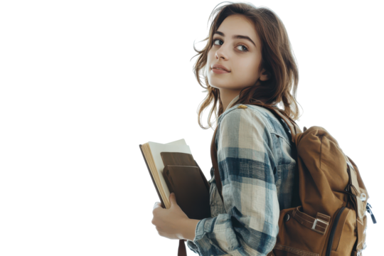 Young woman with backpack and book isolated on transparent background. Young beautiful college student with backpack and holding a book isolated white background.