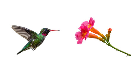 Rufous hummingbird flying near trumpet vine isolated PNG, colorful bird with red beak and pink...