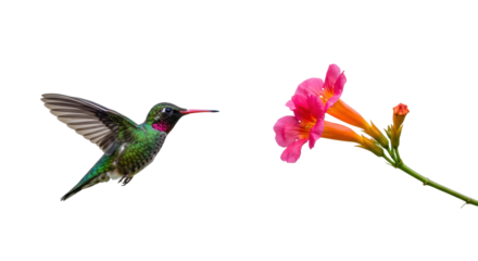 Rufous hummingbird flying near trumpet vine isolated PNG, colorful bird with red beak and pink flowers on transparent background