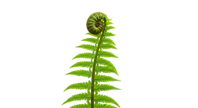 Unfurling fern frond isolated on transparent background, vibrant green fiddlehead plant for nature and botanical designs PNG
