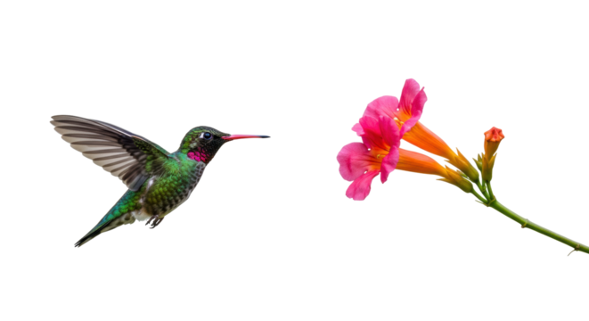 Rufous hummingbird flying near trumpet vine isolated PNG, colorful bird with red beak and pink flowers on transparent background - Powered by Adobe