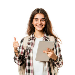 Young woman holding a tablet and giving a thumbs up isolated on transparent background. Young female student showing thumb up and holding a tablet isolated on white background.