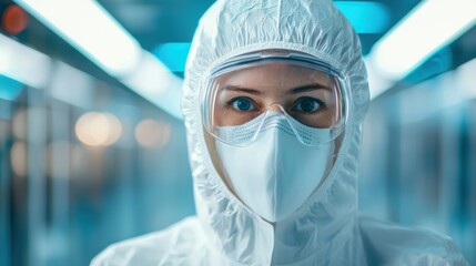 A healthcare professional in protective gear, including a mask and goggles, stands in a sterile environment, emphasizing safety and caution.