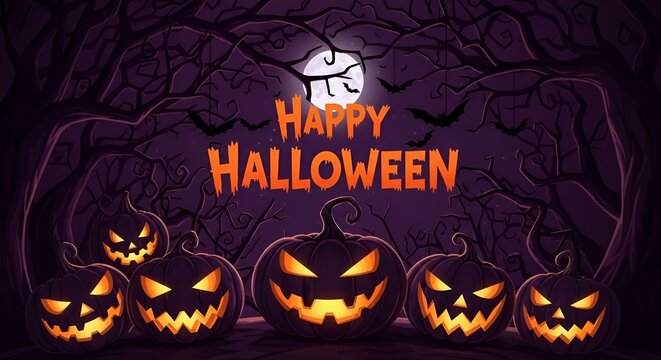 Happy halloween scene with glowing pumpkins, bats, and a full moon over spooky trees in dark purple