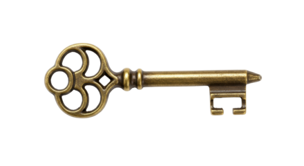 Antique brass skeleton key isolated on transparent background, vintage ornate key for unlocking secrets and historical themes