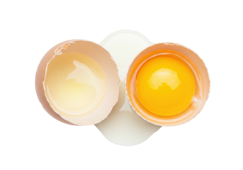 Cracked egg with yolk isolated on transparent background, fresh organic ingredient for cooking and baking PNG