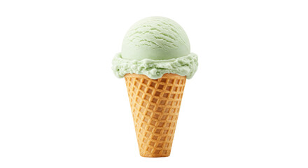 Pistachio ice cream cone isolated on transparent background, refreshing summer dessert in waffle cone PNG
