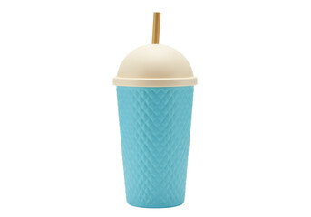 Light blue textured plastic cup with dome lid and straw isolated, reusable drinkware for summer beverages