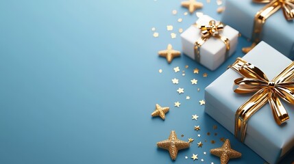 Elegant Blue Gifts with Gold Ribbons and Star Confetti on Blue Background