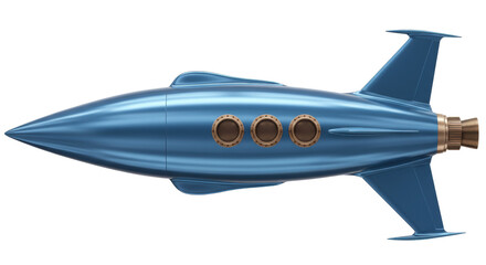 Retro blue rocket ship isolated, vintage space travel concept for science fiction and aerospace design PNG