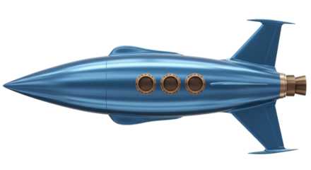 Retro blue rocket ship isolated, vintage space travel concept for science fiction and aerospace design PNG
