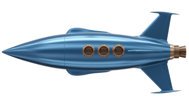 Retro blue rocket ship isolated, vintage space travel concept for science fiction and aerospace design PNG