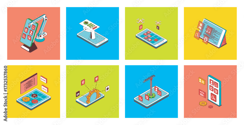 Wall mural app development development concept of 3d isometric icons set. pack with programming applications pr