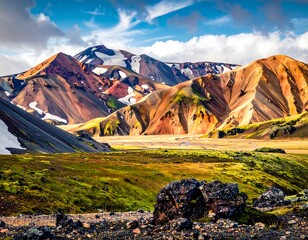 Colorful mountains with snow and grassland