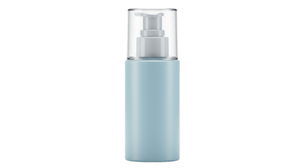 Light blue cosmetic bottle with pump isolated, skincare product container on transparent background for beauty and personal care