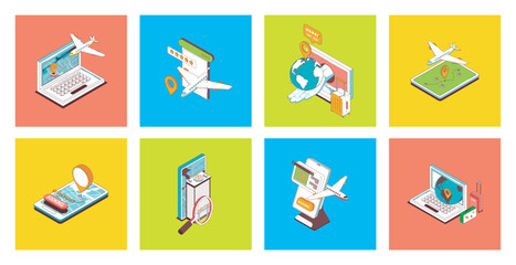 Booking concept of 3d isometric icons set. Pack with search and buy airline tickets online, ordering airplane transportation, hotel room reservation with rating in mobile app. Vector illustration.