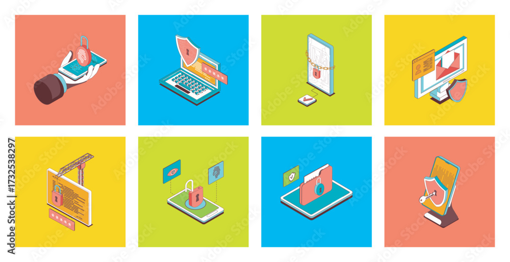 Wall mural cyber security concept of 3d isometric icons set. pack with safety access with data privacy protecti