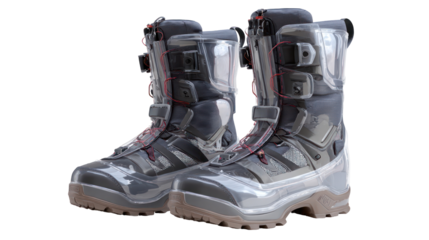 Pair of futuristic chunky platform boots isolated on transparent background