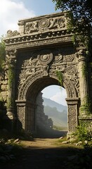 Fototapeta premium A grand, ancient archway, intricately carved with elaborate designs, leads into a sunlit path through a lush, overgrown landscape.
