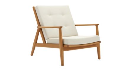 Mid-century modern armchair isolated on white, light wood frame and cream fabric cushions for living room or lounge area seating