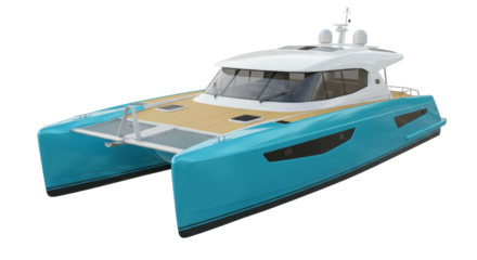 Modern blue catamaran yacht isolated PNG, luxury boat with wooden deck and white cabin for sea travel and leisure on transparent background