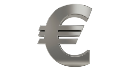Shiny metallic Euro currency symbol isolated PNG, European Union money sign on transparent background for finance and business